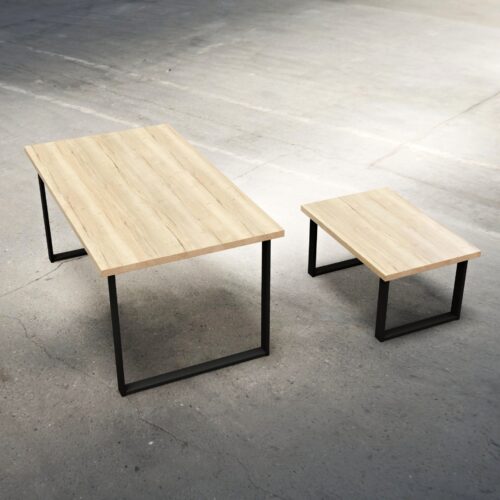 Moderní stůl a stolek s deskou Dub Halifax a bytelné kovové nohy v černém laku
